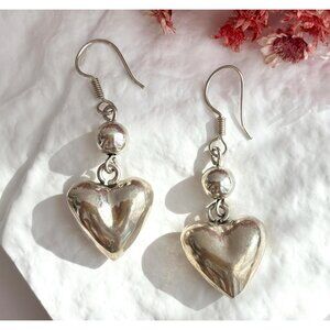 Heart Shaped Polished Vintage Sterling Silver 925 Hook Dangling Earrings